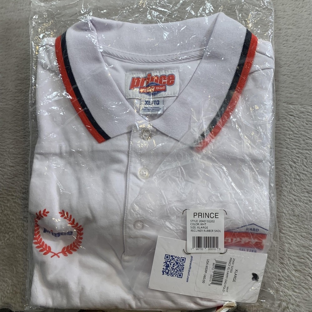 Prince x Happy Dad Polo Shirt Mens XL White Tipped Collar Tennis Nelk Boys NEW‎